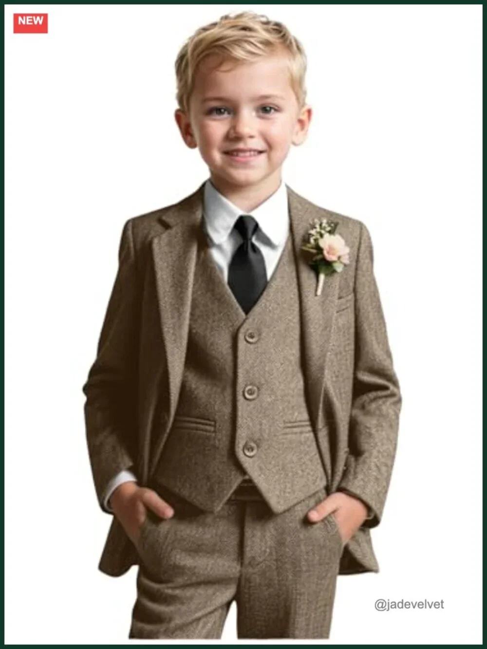 5-Piece Tweed Herringbone Suit Set for Boys - Jacket, Vest, Pants, Shirt, Tie